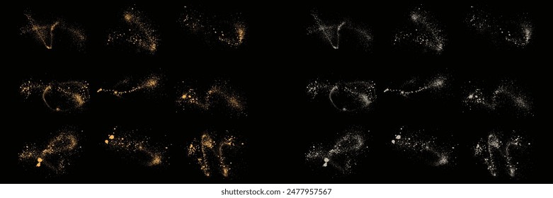 Golden confetti set of gold glitter grainy and white color splatter texture background element