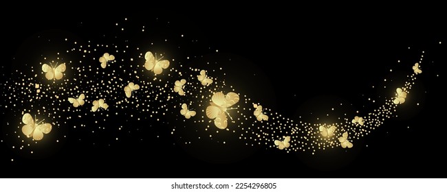 Golden confetti shiny glittering wave with butterfly. Stardust particles on black background. Vector illustration, cartoon style
