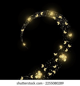 Golden confetti shiny glittering wave with butterfly. Stardust particles on black background. Vector illustration, cartoon style
