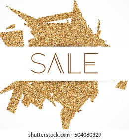 Golden confetti. sparkling background from minimalistic geometrical dots and ribbons. Flat falling glitter. Fashion sale banner
