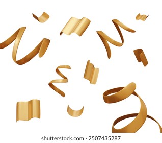 Golden confetti and streamer on white background. Festive template in realistic style