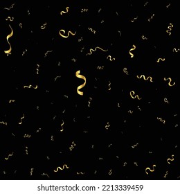 Golden Confetti And Streamer Ribbon Falling On Black Background. Vector