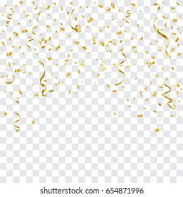 Golden Confetti And Streamer Ribbon Falling On Transparent Background. Celebration. Vector Illustration