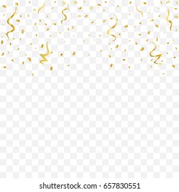 Golden Confetti And Streamer Ribbon Falling On Transparent Background. Celebration. Vector Illustration