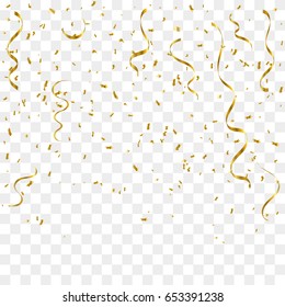 Golden Confetti And Streamer Ribbon Isolated On Transparent Background. Celebration. Vector Illustration