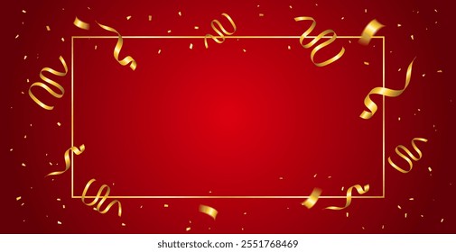 Golden Confetti And Streamer Ribbon On Red Studio Background. Celebration Event And Happy Birthday Banner. Surprise Wallpaper. Vector Illustration