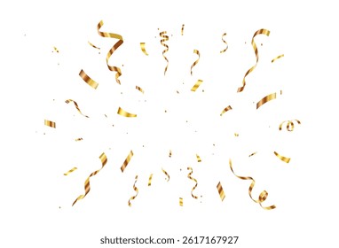Golden Confetti and Streamers Celebration Explosion on White Background, Suitable for Festive Events and Holiday Designs. carnival ribbons, confetti,