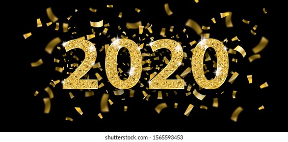 Golden confetti with the text 2020 on the black background.Eps 10 vector file.