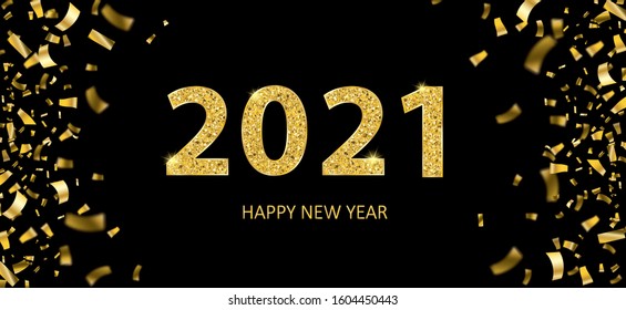 Golden confetti with the text 2021, happy new year, on the black background.Eps 10 vector file.