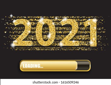 Golden confetti with the text 2021 and loading progress bar. Eps 10 vector file.