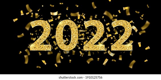 Golden confetti with the text 2022 on the black background.Eps 10 vector file.