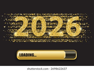 Confeti dorado con el texto 2026 y barra de progreso de carga. Archivo de Vector Eps 10.
