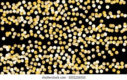 Golden Confetti. Texture with Falling Sparkles on Black Background. Dark Luxury Pattern for Christmas and New Year Decoration, Birthday Invitation, Poster or Greeting Card. Vector Gold Confetti.