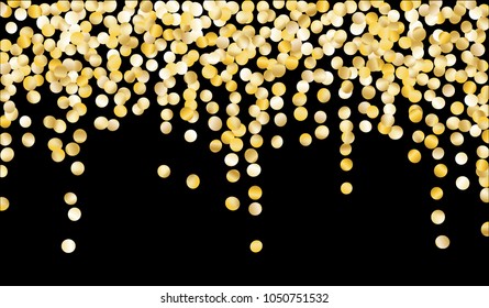 Golden Confetti. Texture with Falling Sparkles on Black Background. Dark Luxury Pattern for Christmas and New Year Decoration, Birthday Invitation, Poster or Greeting Card. Vector Gold Confetti.