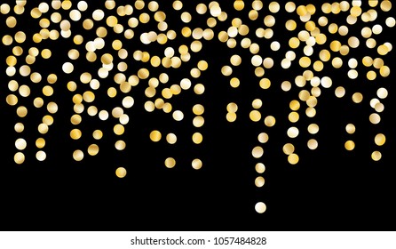 Golden Confetti. Texture with Falling Sparkles on Black Background. Dark Luxury Pattern for Christmas and New Year Decoration, Birthday Invitation, Poster or Greeting Card. Vector Gold Confetti.