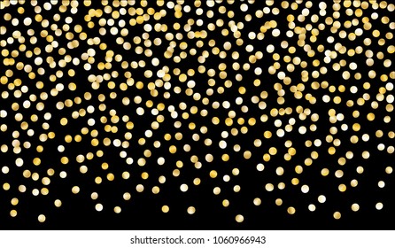 Golden Confetti. Texture with Falling Sparkles on Black Background. Dark Luxury Pattern for Christmas and New Year Decoration, Birthday Invitation, Poster or Greeting Card. Vector Gold Confetti.