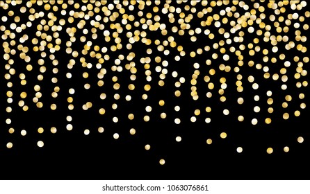 Golden Confetti. Texture with Falling Sparkles on Black Background. Dark Luxury Pattern for Christmas and New Year Decoration, Birthday Invitation, Poster or Greeting Card. Vector Gold Confetti.