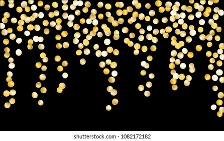 Golden Confetti. Texture with Falling Sparkles on Black Background. Dark Luxury Pattern for Christmas and New Year Decoration, Birthday Invitation, Poster or Greeting Card. Vector Gold Confetti.