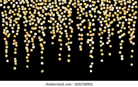 Golden Confetti. Texture with Falling Tinsels on Black Background. Dark Luxury Pattern for Christmas and New Year Decoration, Birthday Invitation, Poster or Greeting Card. Vector Gold Confetti.