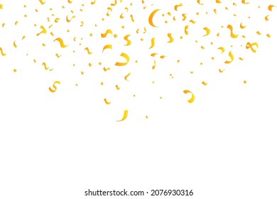 Golden confetti and tinsel falling background. Golden ribbon and confetti vector illustration. Golden confetti isolated on white background. Carnival elements. Birthday party celebration.
