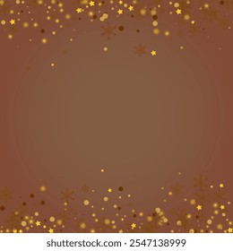 Gouden confetti Vector Bruine achtergrond. Gele glans sneeuwvlok textuur. Kerstkaart sneeuwval. Kerststerren ansichtkaart.