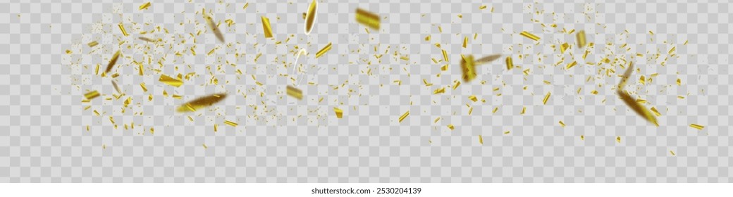 Golden Confetti. Vector Festive Illustration of Falling Shiny Confetti Isolated on Transparent Checkered Background. Holiday Decorative Tinsel Element for Design