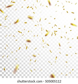 Golden Confetti. Vector Festive Illustration of Falling Shiny Confetti Isolated on Transparent Checkered Background. Holiday Decorative Tinsel Element for Design