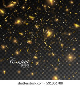Golden Confetti. Vector Festive Illustration of Falling Shiny Confetti Glitters Isolated on Transparent Checkered Background. Holiday Decorative Tinsel Element for Design