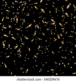 Golden Confetti. Vector Festive Illustration of Falling Shiny Confetti Glitters. Holiday Decorative Tinsel Element for Design.