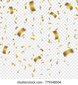 Golden Confetti. Vector Festive Illustration of Falling Shiny Confetti Glitters. Holiday Decorative Tinsel Element for Design.