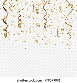 Golden Confetti. Vector Festive Illustration of Falling Shiny Confetti Glitters. Holiday Decorative Tinsel Element for Design.