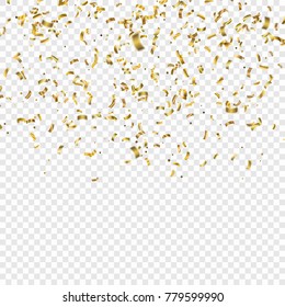 Golden Confetti. Vector Festive Illustration of Falling Shiny Confetti Glitters. Holiday Decorative Tinsel Element for Design.