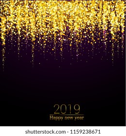 Golden confetti vector illustration on black banner background, 2019 new year