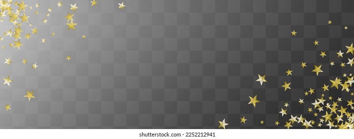 Golden Confetti Vector Transparent Panoramic Background. Party Cosmos Rain Texture. Shine Vector Transparent Panoramic Background Border. Luminous Elegant Star Template.