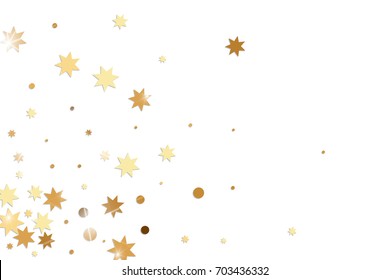 Golden confetti. Vector yellow stars on white background. Falling tinsel from minimalistic geometrical objects and ribbons. Flat glitter. Abstract festive decoration and ribbons.