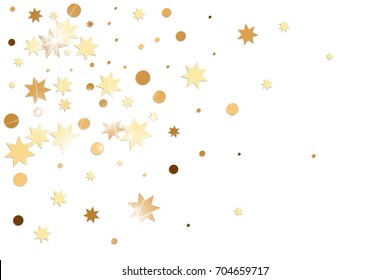 Golden confetti. Vector yellow stars on white background. Falling tinsel from minimalistic geometrical objects and ribbons. Flat glitter. Abstract festive decoration and ribbons.