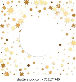 Golden confetti. Vector yellow stars on white background. Falling tinsel from minimalistic geometrical objects and ribbons. Flat glitter. Abstract festive decoration and ribbons.