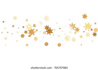 Golden confetti. Vector yellow stars on white background. Falling tinsel from minimalistic geometrical objects and ribbons. Flat glitter. Abstract festive decoration and ribbons.