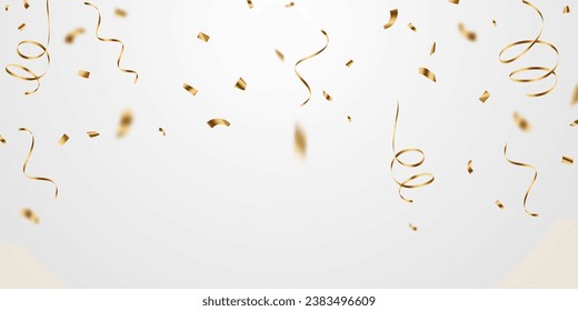 Golden confetti and zigzag ribbon falling from above streamer, tinsel vector