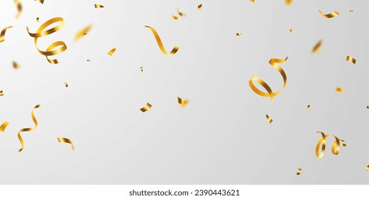 Golden confetti and zigzag ribbon falling from above streamer, tinsel vector