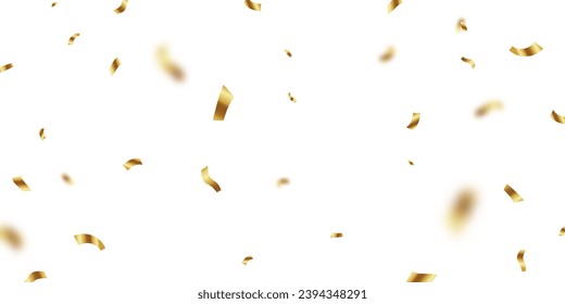 Golden confetti and zigzag ribbon falling from above streamer, tinsel vector