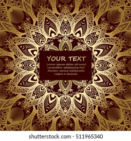 Golden Congratulations card and place for text. Vector mandala. Wedding invitation, birthday greeting, anniversary. Flower design element. Vector illustration