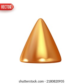 Golden conical geometric shape. Abstract decorative metallic Christmas tree cone figure. Realistic 3d design element. Icon isolated on white background. Vector illustration