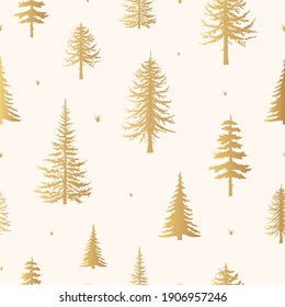 Golden coniferous trees silhouettes seamless pattern. Vector isoleted background with hand drawn gold firs and pines. Conifer texture for fabric.