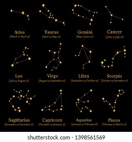 Golden constellations. Zodiac signs vector set. Constellations line with stars astrology. Horoscope symbols, astrology icons