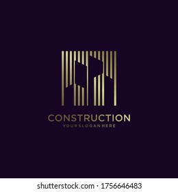Diseño de logotipo de construcción dorado, espacio negativo, construcción Vector Premium