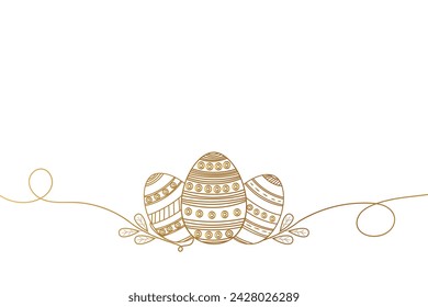 Golden Continuous line Easter eggs. Seamless vector border pattern with eggs for Easter Day. Horizontal narrow banner Easter concept. Vector illustration.