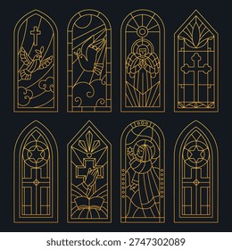 Golden contour patterns of stained glass windows. Christian frames. Chapel mosaic ornament. Christianity architecture. Gothic windowsill. Vector set of religious line elements with biblical scenes