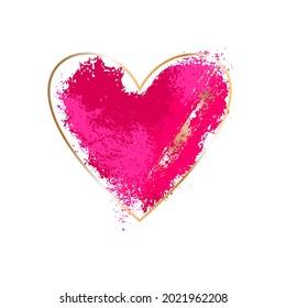 Golden contoured heart, purple, pink and golden brush strokes on a white background. Vector design template for card, cover, poster, social media. Icon.