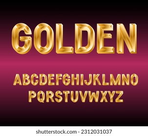 Golden Convex Alphabet. 3d Metallic font. Shiny Letters and Numbers.